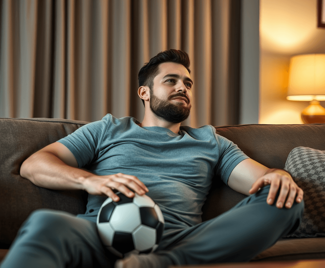 lazy clean cut man sitting on couch watching football
