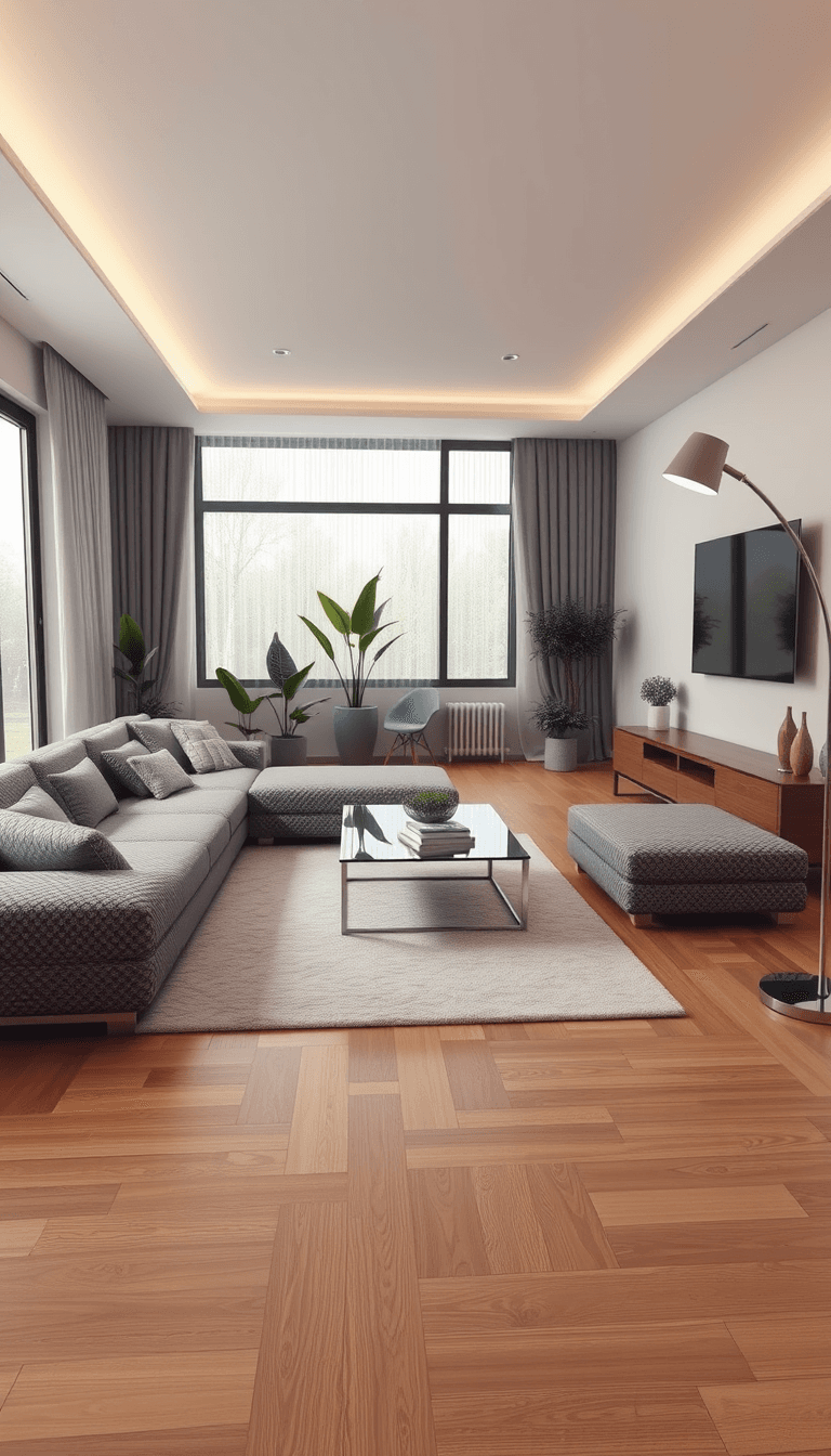 Create a highly realistic 3D model of a modern living room interior. The room should have a contemporary design with a minimalist aesthetic. Include a large L-shaped sofa with textured fabric, a sleek coffee table made of glass and metal, and a plush rug with a subtle pattern. The walls should be painted in neutral tones, and there should be a large window letting in natural light. Add a few houseplants in stylish pots, and a flat-screen TV mounted on the wall opposite the sofa. The floor should be hardwood with a natural finish, and the lighting should be soft and ambient, coming from a combination of recessed ceiling lights and a floor lamp with a modern design.