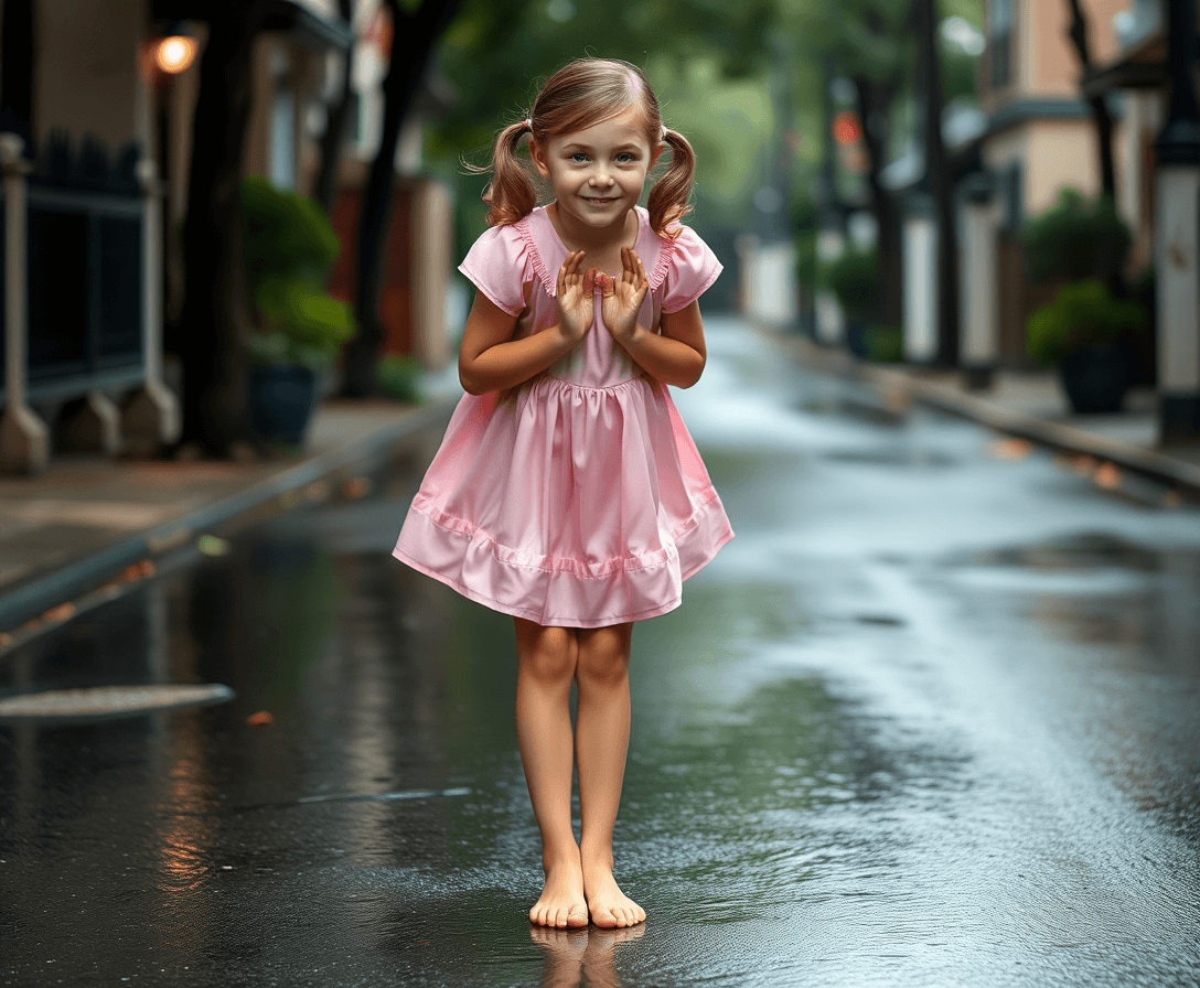 “Capture the elegance and grace of a caucasian girl with pigtails wearing a pink silk nightgown skirt she is also bare footed, performing a traditional curtsy. She stands with her feet together, gently holding the sides of her dress. With a soft smile, she bends her knees and lowers her body slightly, maintaining a straight back and poised demeanor. Her eyes meet the camera, exuding charm and sophistication.” back round is a wet street road that is dapped after rain