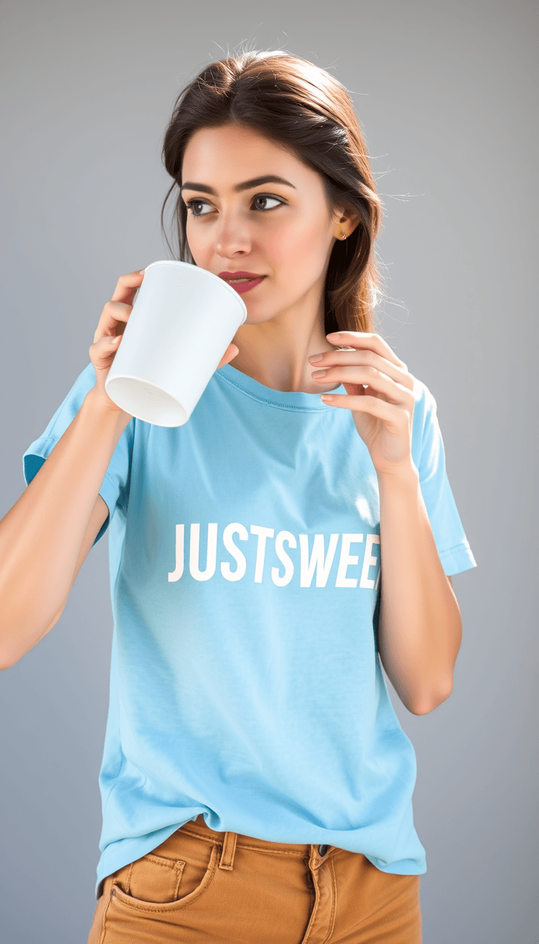 A young brunette, in a baby blue t-shirt with the print "JUSTSWEET" printed with the font Dosis bold in white. She is drinking coffee from a white cup. light grey background with no details. The sun is shining in.