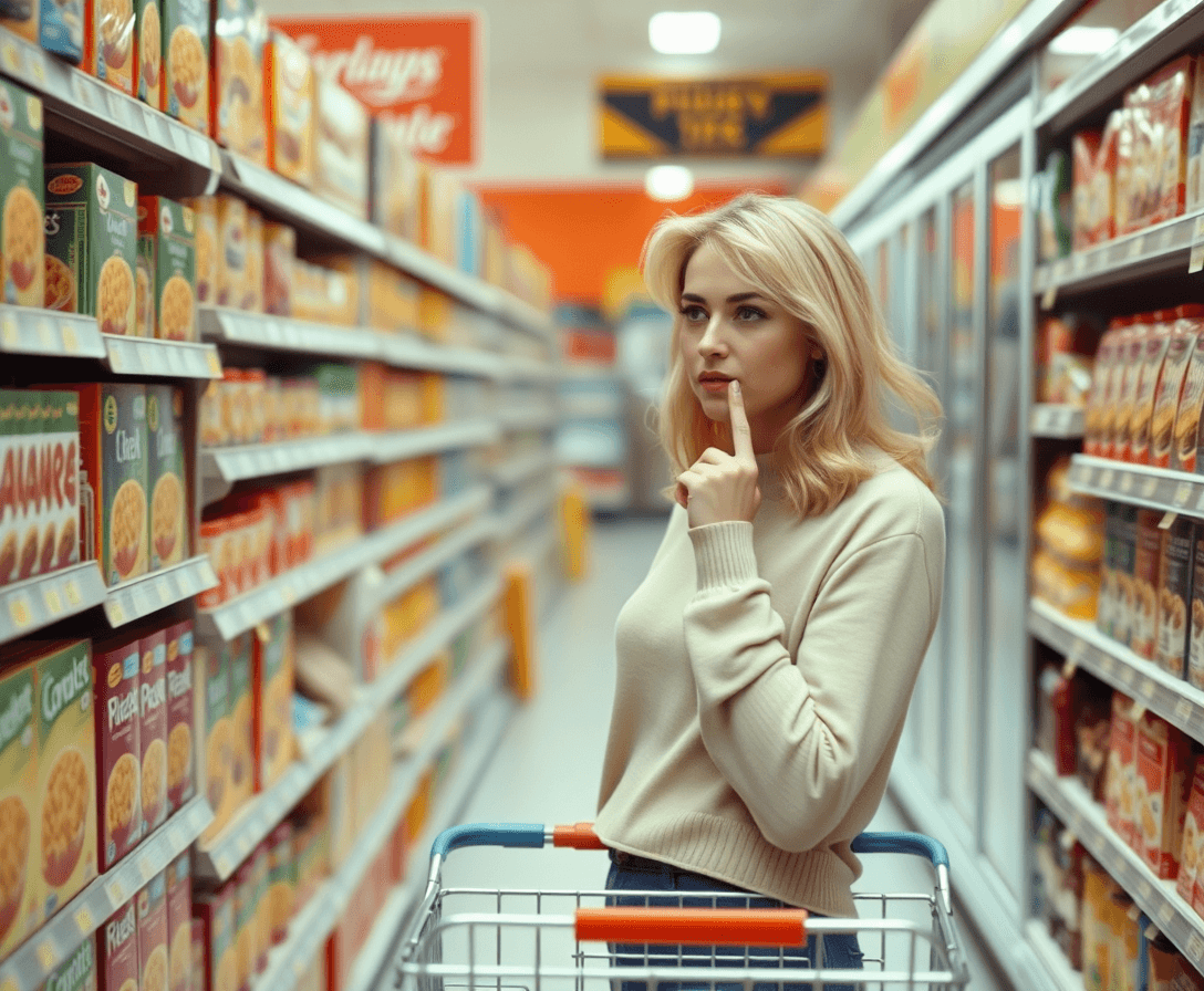 1980's world, a blonde women in her mid 30's is shopping in a store buying food and is standing in a food aisle, looking a cereal box looking curious and is thinking her finger is on her chin, and is pushing a food cart,