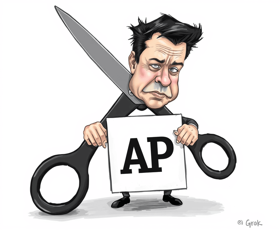 Grok please draw Elon Musk squeezing giant scissors in the shape of large black X. The scissors ends are squeezing the AP logo (Associated Press logo). Subtitle it: "Agonizing Pinch"  