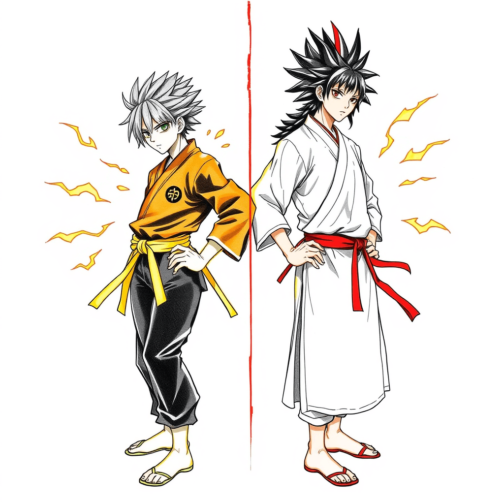 anime style from japan, "jujutsu kaisen" featuring sukuna and itadori yuji by gege akutami, the screen is divided in two, with sukuna on the left and itadori yuji on the right, hands on hips, surrounded by spiritual energy, dynamic poses, fluorescent and contrasting colors, pencil sketch, marker, white background, masterpiece, expressive, 8k --niji 6 --aspect 9:16 --stylize 400