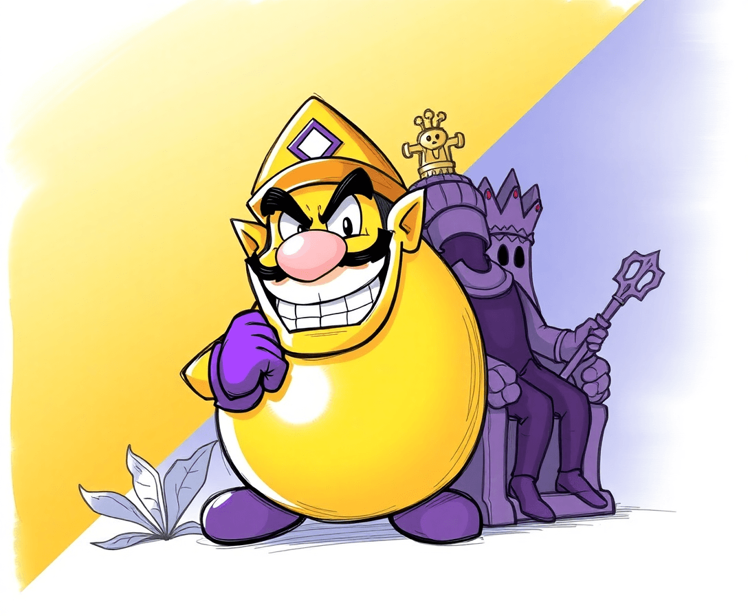 Detailed Sketch Layout
1. Background:

Diagonal split from top-left to bottom-right.
Left side (Wario Land 67): Warm tropical colors — gradient from golden yellow (#FFD54F) at the top fading into a soft mango orange (#FFB74D) near the center.
Right side (The Wario Land of 87): Darker, spooky palette — deep purple (#6A1B9A) fading into midnight blue (#283593).
2. Left Side Elements:

Wario as Mango:
Shape: Rounded mango with a slight shine/highlight on the top right.
Face: Wario’s nose, mustache, and grin centered on the mango’s front.
Colors: Mango base in bright yellow-orange (#FFB300), with purple accents on the hat and gloves (#6A1B9A).
Expression: Confident, cheeky grin.
Mustard King:
Positioned slightly behind and to the right of mango-Wario.
Sitting on a throne made of mustard bottles (yellow with red caps).
Holding a scepter dripping mustard (bright yellow #FFEB3B).
Regal pose with a playful smirk.
3. Right Side Elements:

Wario Looking Unsure:
Full body or upper torso visible.
Expression: Raised eyebrow, slight frown, eyes looking sideways.
Colors: Classic Wario outfit — yellow hat and shirt (#FFEB3B), purple overalls (#6A1B9A).
Springtrap:
Behind Wario, looming large but slightly faded to keep focus on Wario.
Mechanical details highlighted with greenish glow (#4CAF50).
Shadows and subtle metallic textures to add creepiness.
4. Title & Branding:

Centered at the bottom or top.
Font: Bold, playful sans-serif with slight cartoonish curves.
Text color: Gradient fill blending mango yellow (#FFD54F) into spooky purple (#6A1B9A).
Embellishments: Small mango leaves on the “67” and mechanical gears or wires around the “87”.
Nintendo Switch logo in bottom right corner.
Color Palette Summary
Element	Color Hex	Notes
Mango Base	#FFB300	Bright yellow-orange
Mango Highlights	#FFD54F	Golden yellow
Wario Hat/Gloves	#6A1B9A	Purple
Mustard Yellow	#FFEB3B	For Mustard King & scepter
Mustard Bottle Caps	#D32F2F	Red caps
Background Left	#FFD54F → #FFB74D	Warm tropical gradient
Background Right	#6A1B9A → #283593	Dark spooky gradient
Springtrap Glow	#4CAF50	Greenish eerie light
Wario Outfit	#FFEB3B & #6A1B9A	Classic colors
Font Suggestions
Primary Title:
“Luckiest Guy” or “Fredoka One” — both are bold, rounded, and playful fonts that fit the Wario vibe.
Subtext / Tagline:
“Roboto” or “Open Sans” for clean readability.
Additional Tips
Use subtle shadows and highlights to give depth to characters and objects.
Keep Wario’s expressions exaggerated but clear to convey the mood instantly.
Balance the bright left side with the darker right side so neither overwhelms the other.
Add small details like mustard splashes or mechanical sparks to enrich the scene.