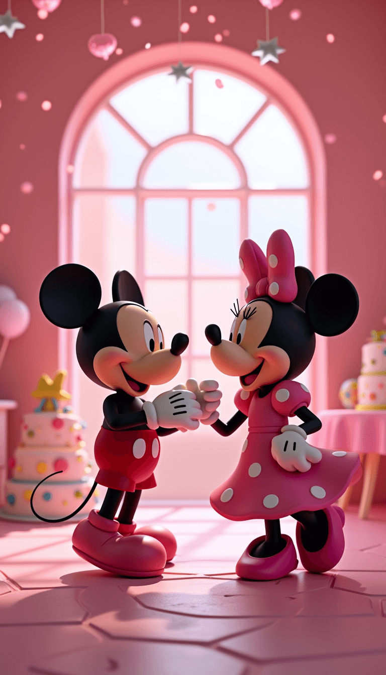 “A cartoon scene where Minnie’s birthday party is happening. The room is decorated in pink. In the image, Mickey and Minnie are dancing.” 3D, Dynamic

