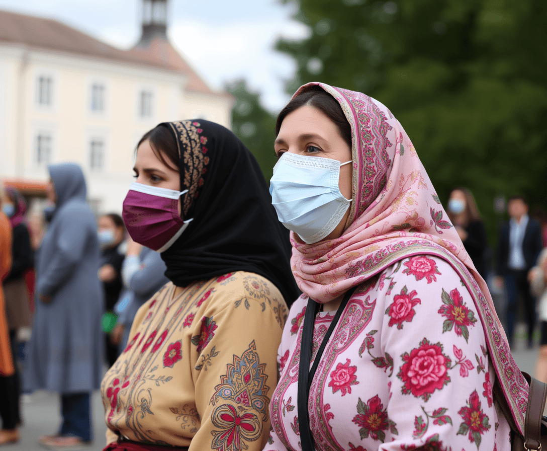 Ukrainian women wearing covid mask 
