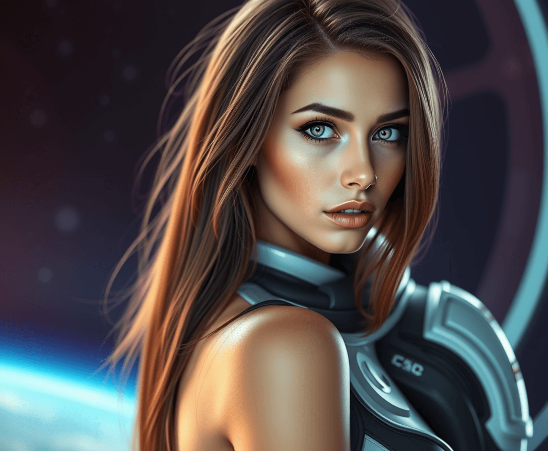 hyper realistic, beautiful 30 years old brunette girl, long hair, green eyes, natural skin, sensual pose, modern technological space suit, space view background, sense of mystery, neon color grading, sci-fi, lens flare, close-up shot