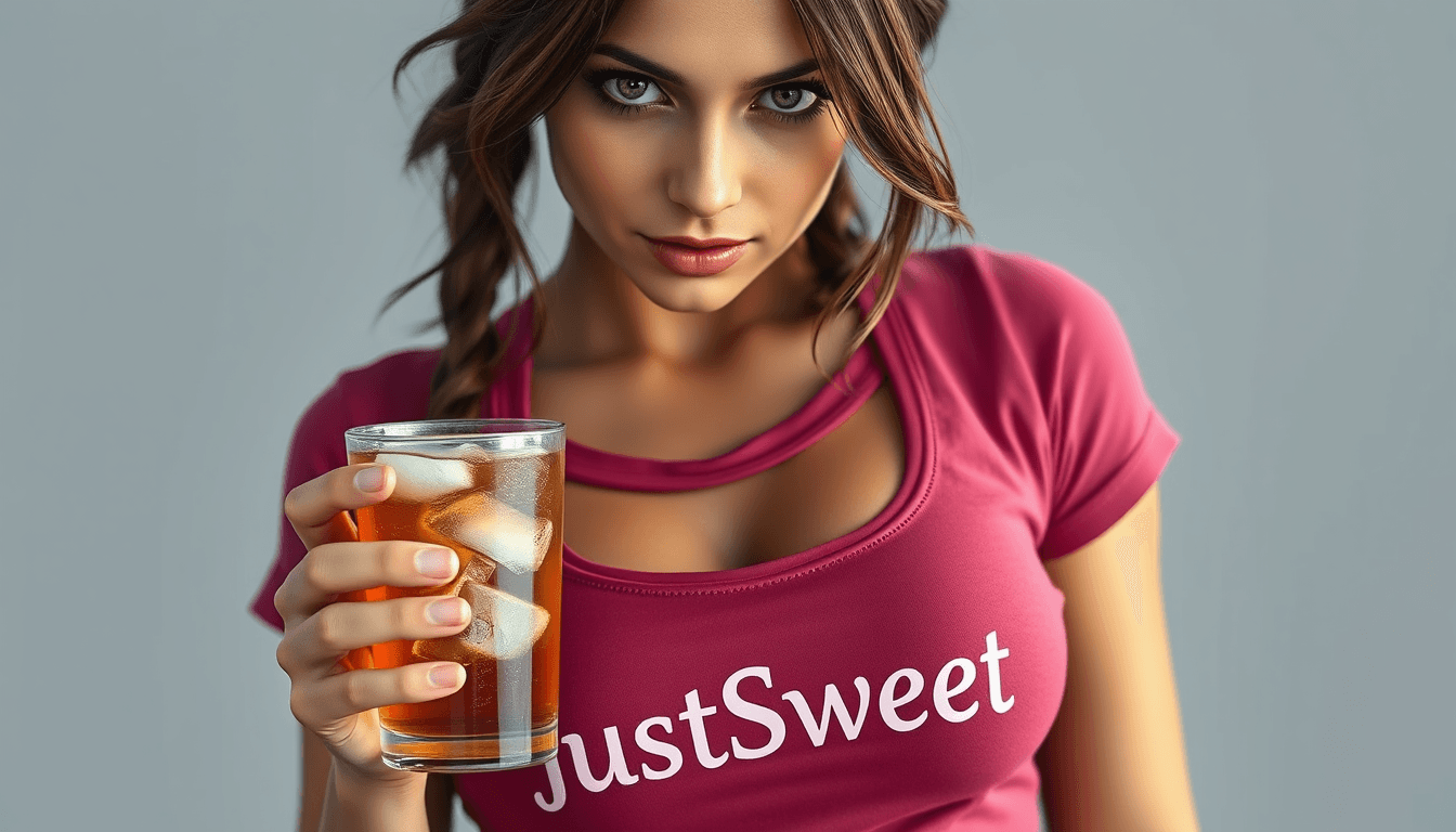 A photo realistic Lara Croft look alike busty brunette woman, with green eyes wearing a dark pink top with the text JustSweet. she is holding a glass of ice tea with ice cubes. The shirt have the text JustSweet.  light grey background without details.