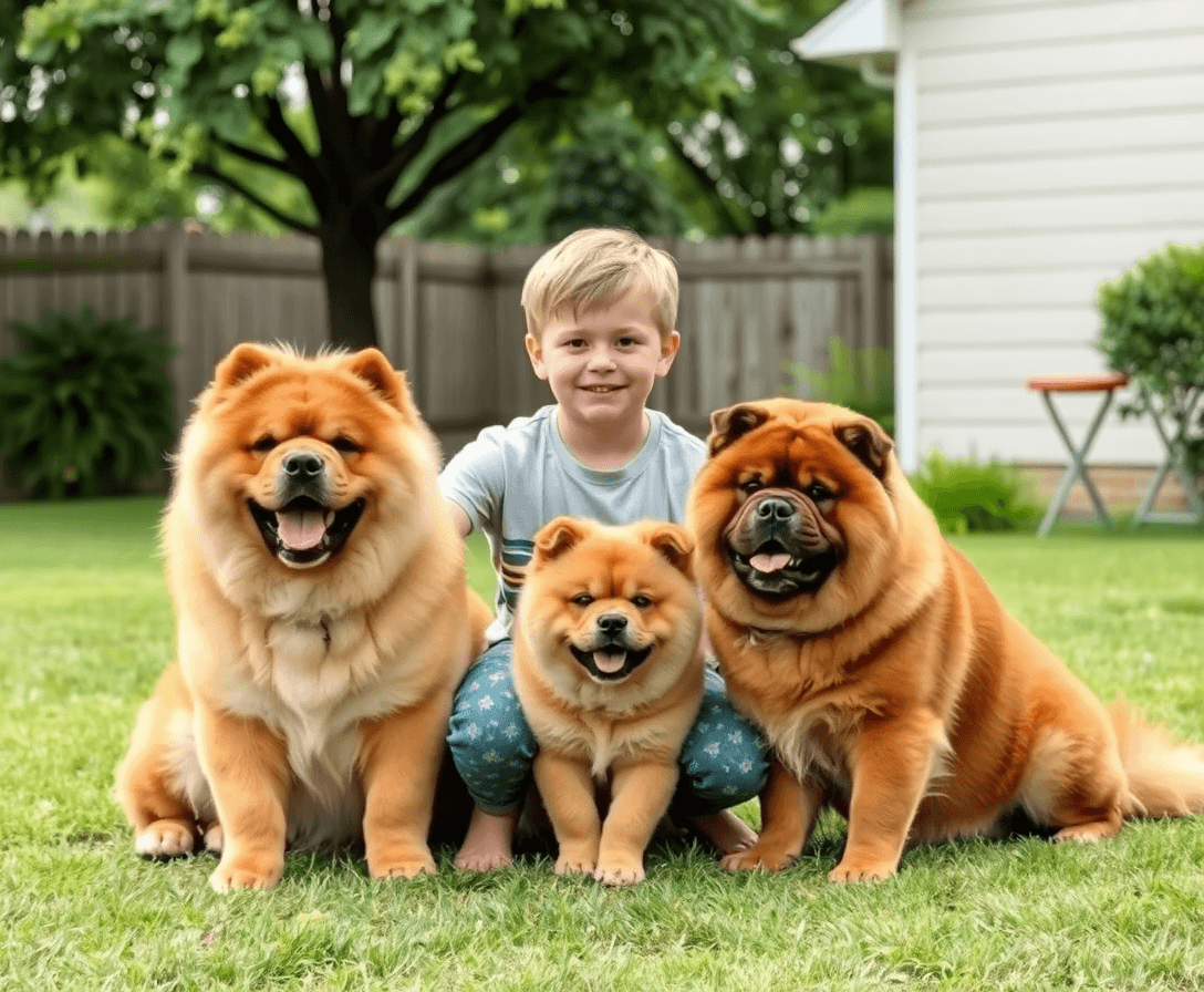 In the summer in Texas, a young male child sitting with 3 chow chows outside in his backyard.