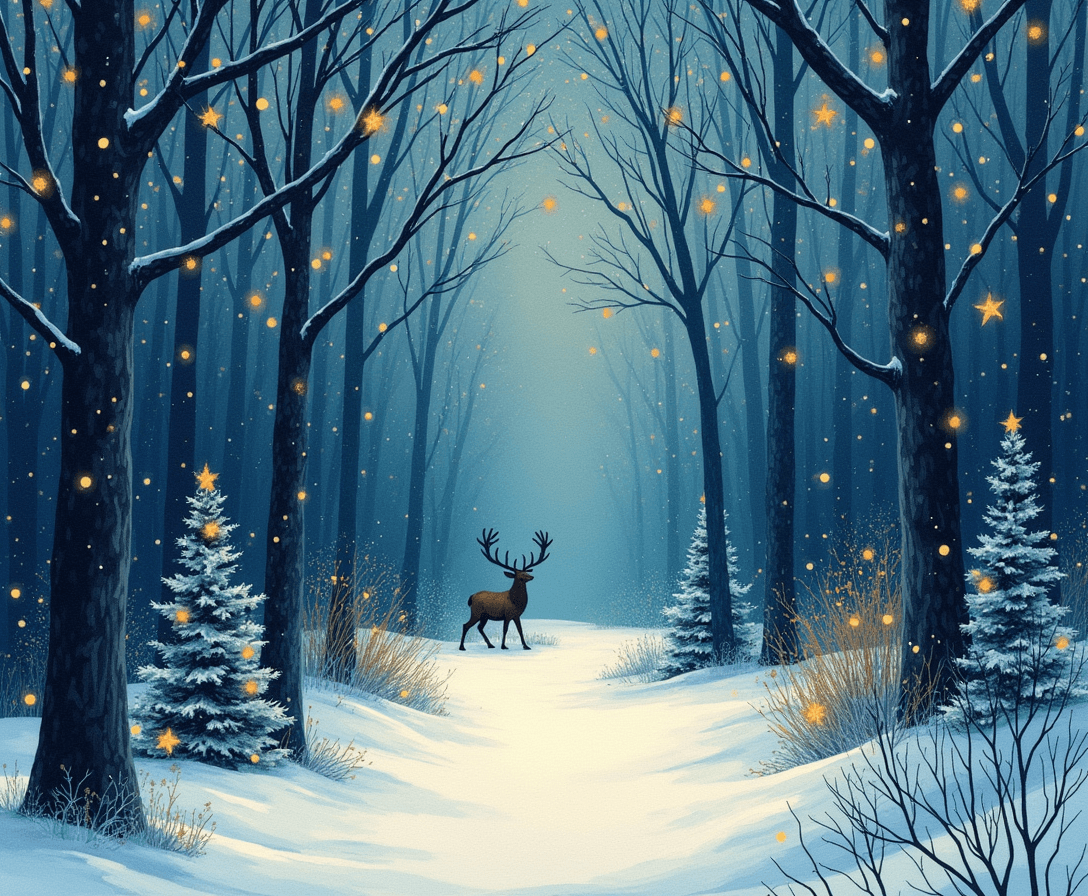 please create a magical Christmas forest design, ar 16:9, watercolor, linocut, christmas colors, no falling snow


