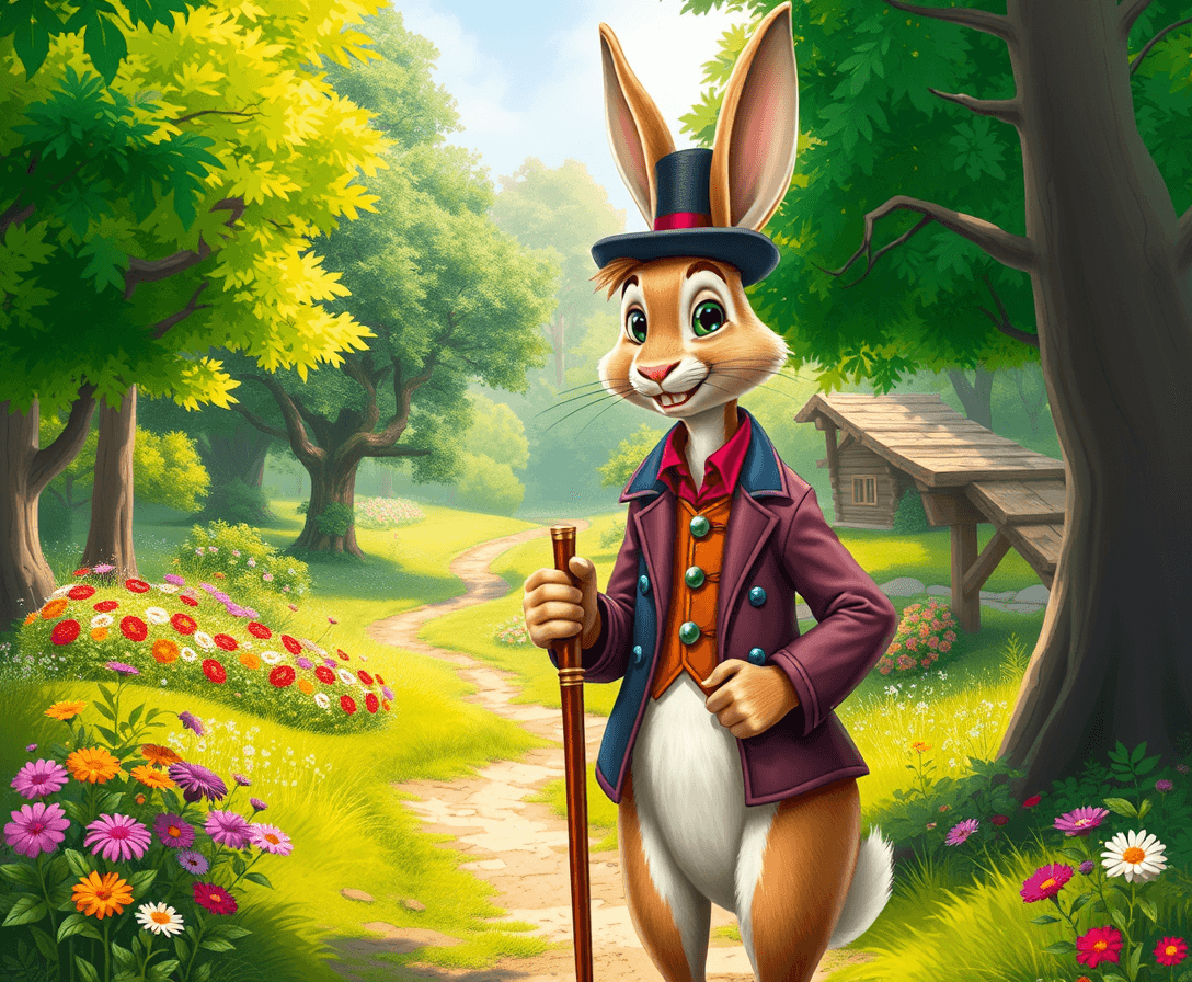 A tall, slender rabbit wearing a colorful jacket, top hat, and carrying his signature cane. He has a friendly smile, full of curiosity and kindness. A bright, enchanting forest with vibrant green trees, flowers, and a winding path that hints at adventure. In the distance, you can see a hint of a cozy woodland cottage.