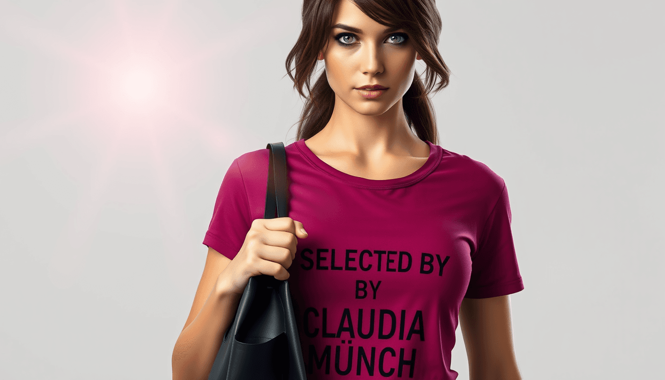 A photo realistic Lara Croft look alike sexy busty woman, with green eyes wearing a dark pink t-shirt with the text "SELECTED BY CLAUDIA MÜNCH". she is holding a black coffee doybag with no text or graphic. Light grey background without details. Sun is shining in