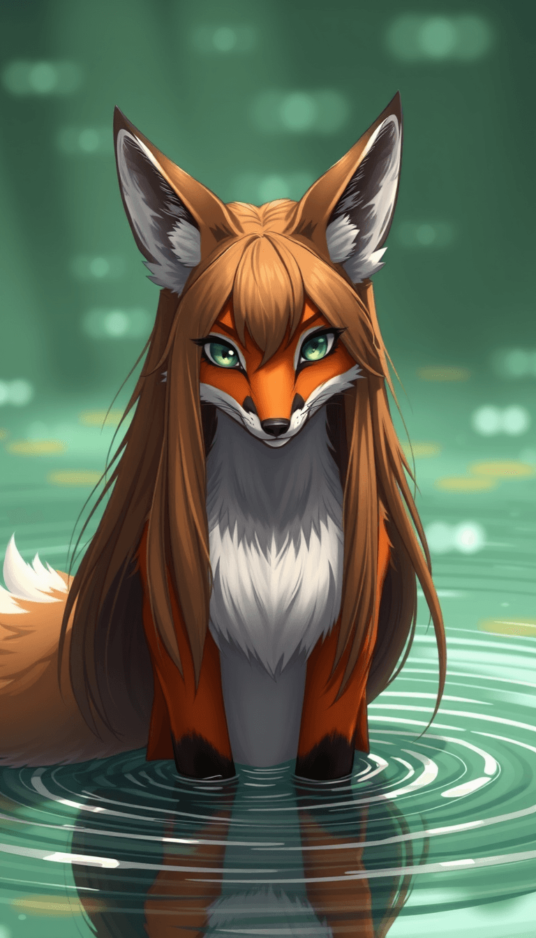 an anthropomorphic female fox with green eyes and long brown hair standing in a pool of water
