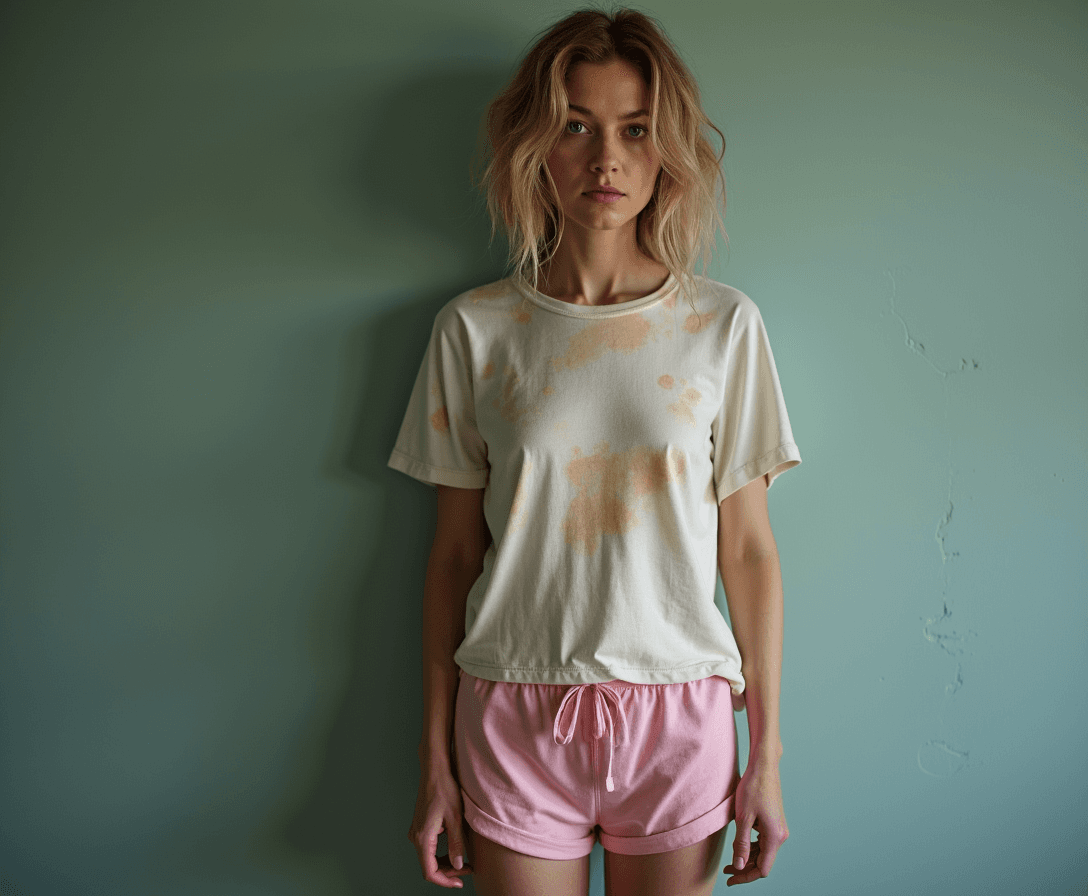 A short and thin Slavic woman in her mid-thirties, with mousy dirty-blonde hair, wearing short pink pajama bottoms and a stained tshirt, standing.  Her eyes are lifeless and her face is unemotional.
