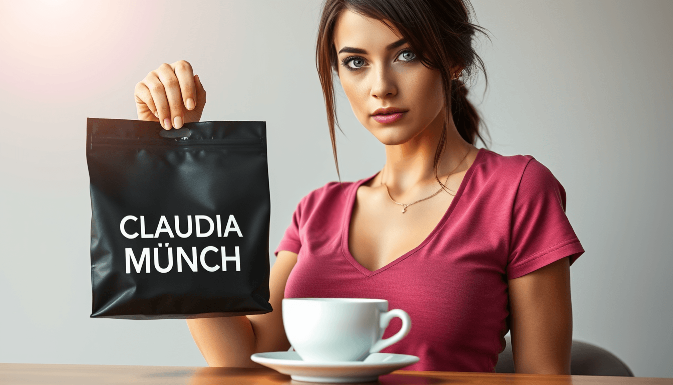 A photo realistic sexy busty sensual brunette woman with a face like Lara Croft, with green eyes wearing a dark pink t-shirt with the text "CLAUDIA MÜNCH" in white. she is holding out a black coffeebag size 12 cm wide and 18 cm high. No text on the bag. On a table in front of her is a white coffee cup. Light grey background without details. Sun is shining in