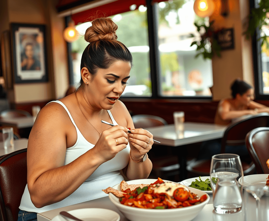 a heavyset Argentina woman, eating Italian food, in a cafe. shes wearing a white tank top. her hair is in a bun