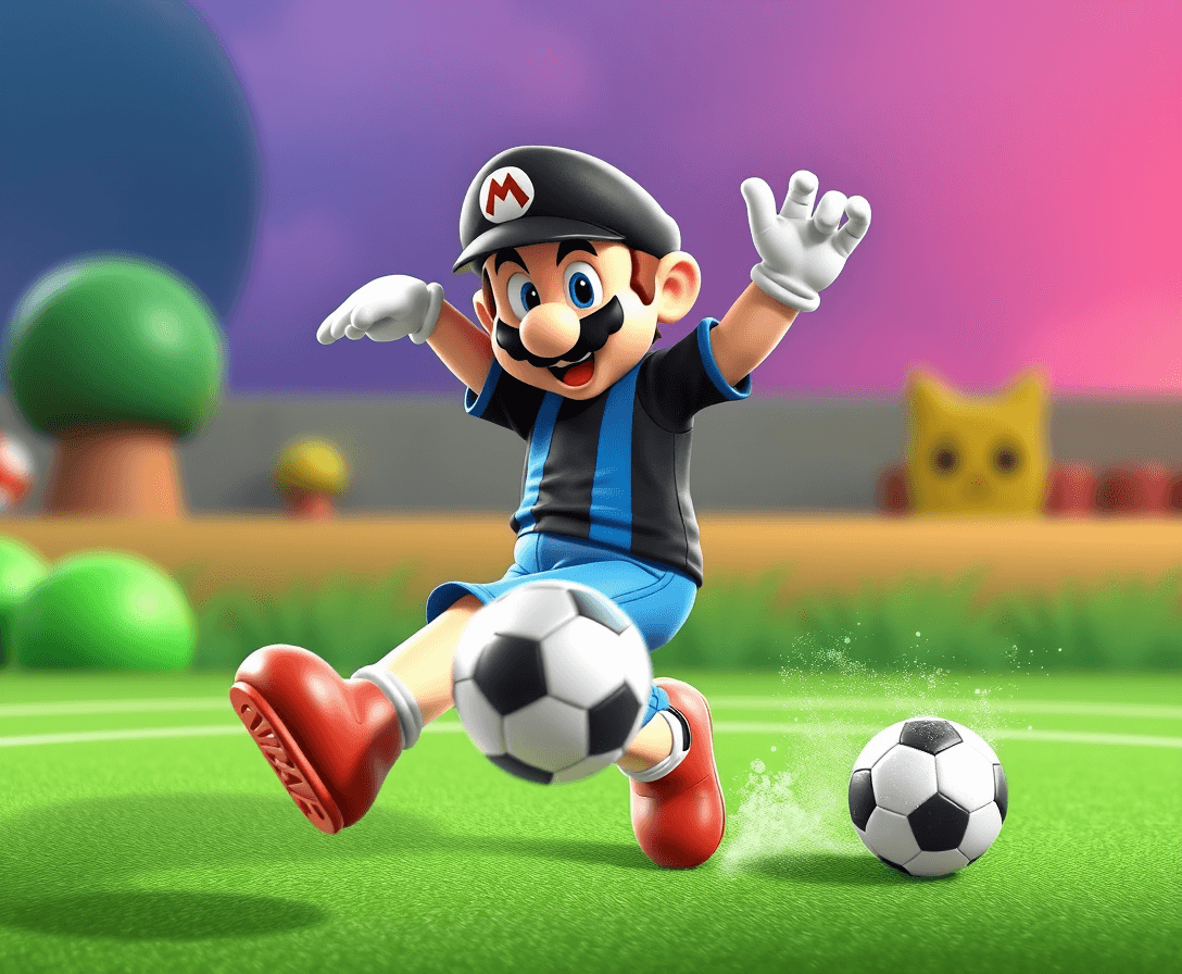 super mario style pixar, full body, con la maglia a strisce verticali di colore nere e azzurre, tira un calcio ad un palla