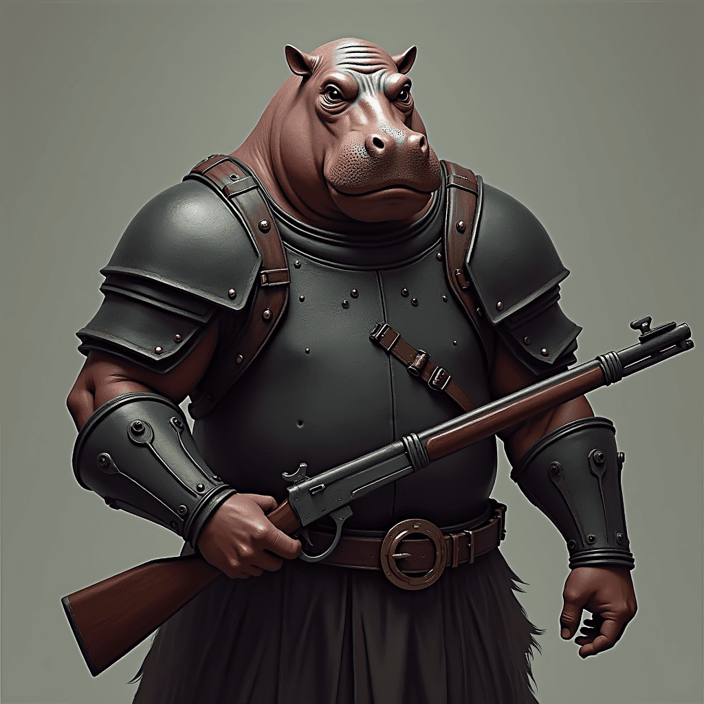 Hippo-Man wearing black armor and holding a rife. 