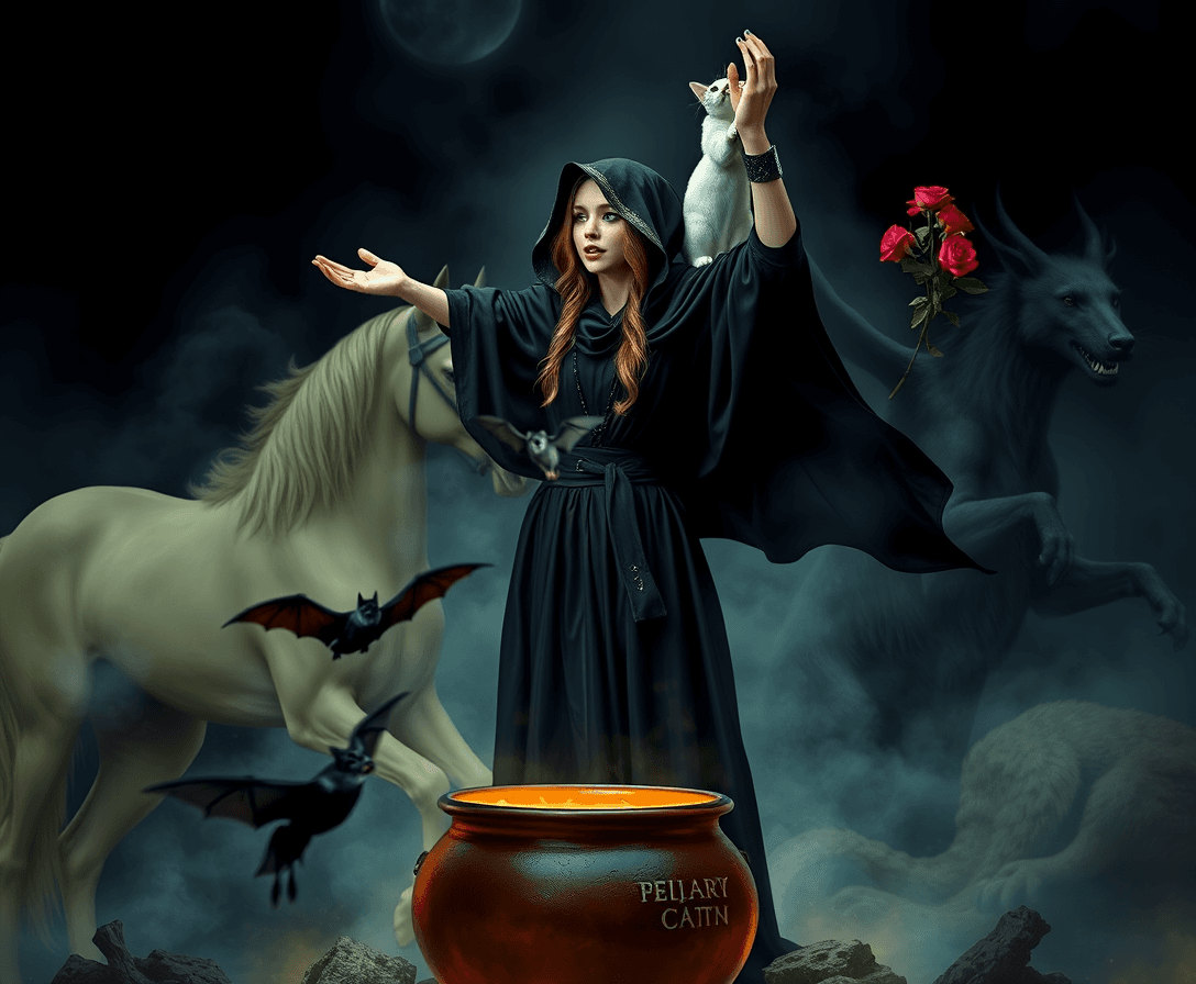 A female medieval healer with black cloak on, standing over a cauldron with arms in the air chanting a spell. She as a  cat on one shoulder and holding roses in one hand a small bat is flying in the foreground. In the backgound is  ahorse and  a dragon and wolf. In mystical style