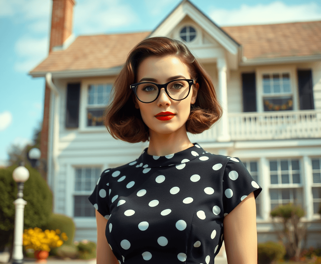 create a ((full-body)) image of a 22 year old woman from the 1950s; she has shoulder length brown hair; she is wearing red lipstick; she is wearing black rimmed glasses; she is wearing a black on white polka-dotted swing dress; cinematic; realistic, high-definition; ((full-body)); she is standing in front of a 1950s real estate office that was built from an old 3 story house