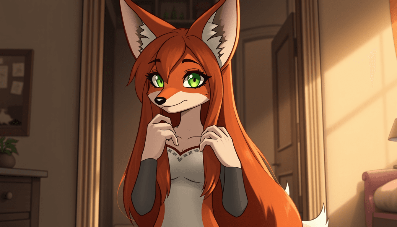 an anthropomorphic female fox, stands in front of an open bedroom door, with wide green eyes and a shy but inviting look, her fingers stroking her long flowing copper hair