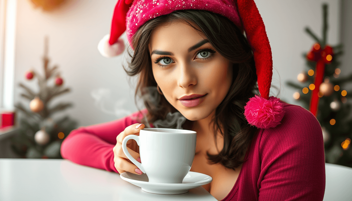 A photo realistic sexy busty sensual brunette young woman with a face like Marilyn Monroe, with blue eyes wearing a dark pink santa hat with glitter and a dark pink top. her face express that she is enjoing her coffee. On a white table in front of her to her right side is a white smoking coffee cup. White background with some christmas trees in a distant background. Sun is shining in