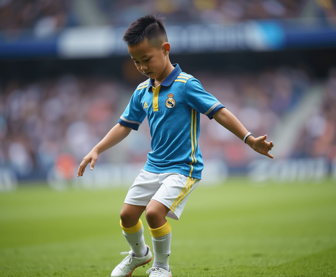 
full body shot 9 year old dancing asian boy with short wet faux hawk with highlights, wearing blue white hexagon marble fade adidas real madrid shirt with popped undone polo collar with yellow trim and white shorts  and football socks and trainers, in stadium looking over shoulder