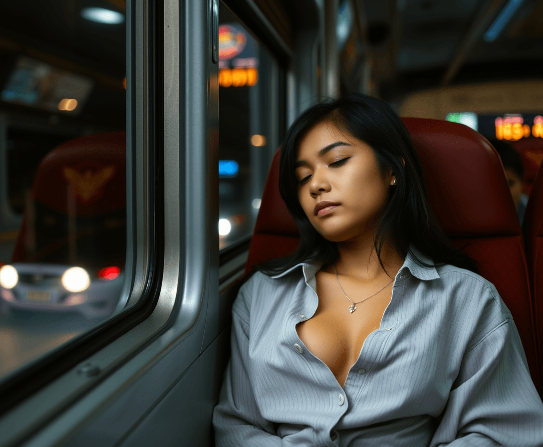 score_9, score_8_up, score_7_up, malaysian girl sleeping on a busy bus, bus, an exhausted girl sleeping on night bus, dark tan skin, (((head resting against the window))), (((sitting in bus seat))), sitting, oversized buttondown shirt slightly unbuttoned revealing subtle nipple, cute skirt, soft body, night time, parted lips, detailed textures, bokeh, (simple necklace:1.1), night lighting, ((half length shot)), (downblouse),(1girl, small breasts), loose clothes, side view looking into shirt,