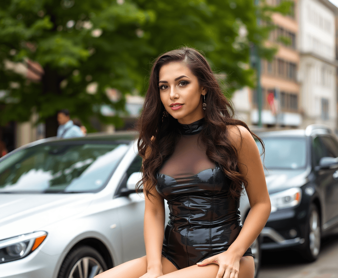 latex sissy in town at daytime
