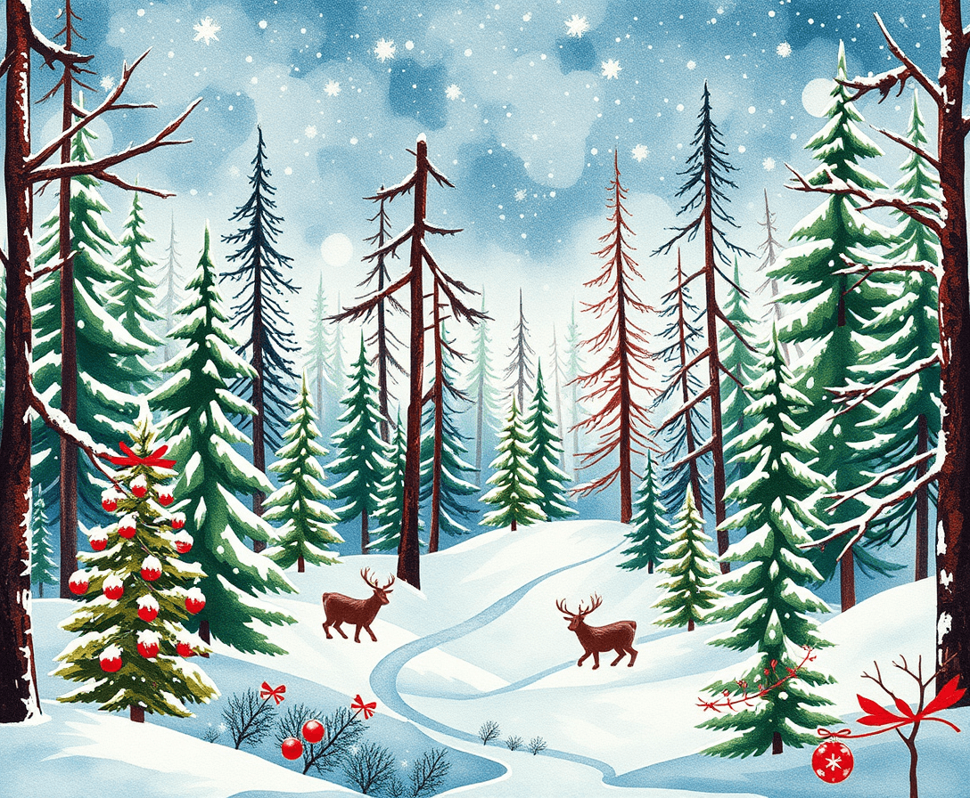 please create a magical Christmas forest design, ar 16:9, watercolor, linocut, christmas colors, no falling snow


