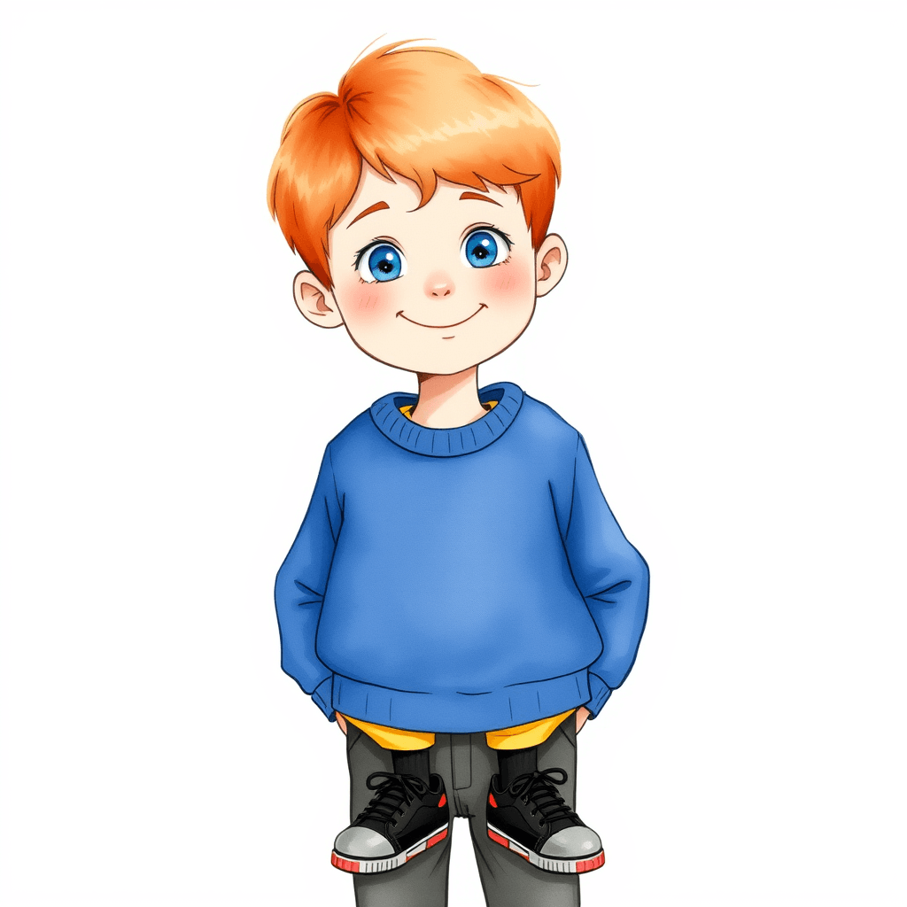 A 7 year old boy with very short light red hair and blue eyes. Wearing a plain royal blue sweatshirt with a round neck, over a yellow polo shirt, also wearing dark grey trousers, dark grey socks and black shoes with red sides, white soles and black laces. He has an adorable little smile. classic sketch and watercolour british children's book illustration style.