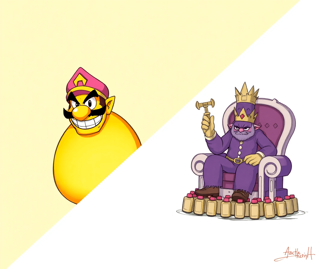 Detailed Sketch Layout
1. Background:

Diagonal split from top-left to bottom-right.
Left side (Wario Land 67): Warm tropical colors — gradient from golden yellow (#FFD54F) at the top fading into a soft mango orange (#FFB74D) near the center.
Right side (The Wario Land of 87): Darker, spooky palette — deep purple (#6A1B9A) fading into midnight blue (#283593).
2. Left Side Elements:

Wario as Mango:
Shape: Rounded mango with a slight shine/highlight on the top right.
Face: Wario’s nose, mustache, and grin centered on the mango’s front.
Colors: Mango base in bright yellow-orange (#FFB300), with purple accents on the hat and gloves (#6A1B9A).
Expression: Confident, cheeky grin.
Mustard King:
Positioned slightly behind and to the right of mango-Wario.
Sitting on a throne made of mustard bottles (yellow with red caps).
Holding a scepter dripping mustard (bright yellow #FFEB3B).
Regal pose with a playful smirk.
3. Right Side Elements:

Wario Looking Unsure:
Full body or upper torso visible.
Expression: Raised eyebrow, slight frown, eyes looking sideways.
Colors: Classic Wario outfit — yellow hat and shirt (#FFEB3B), purple overalls (#6A1B9A).
Springtrap:
Behind Wario, looming large but slightly faded to keep focus on Wario.
Mechanical details highlighted with greenish glow (#4CAF50).
Shadows and subtle metallic textures to add creepiness.
4. Title & Branding:

Centered at the bottom or top.
Font: Bold, playful sans-serif with slight cartoonish curves.
Text color: Gradient fill blending mango yellow (#FFD54F) into spooky purple (#6A1B9A).
Embellishments: Small mango leaves on the “67” and mechanical gears or wires around the “87”.
Nintendo Switch logo in bottom right corner.
Color Palette Summary
Element	Color Hex	Notes
Mango Base	#FFB300	Bright yellow-orange
Mango Highlights	#FFD54F	Golden yellow
Wario Hat/Gloves	#6A1B9A	Purple
Mustard Yellow	#FFEB3B	For Mustard King & scepter
Mustard Bottle Caps	#D32F2F	Red caps
Background Left	#FFD54F → #FFB74D	Warm tropical gradient
Background Right	#6A1B9A → #283593	Dark spooky gradient
Springtrap Glow	#4CAF50	Greenish eerie light
Wario Outfit	#FFEB3B & #6A1B9A	Classic colors
Font Suggestions
Primary Title:
“Luckiest Guy” or “Fredoka One” — both are bold, rounded, and playful fonts that fit the Wario vibe.
Subtext / Tagline:
“Roboto” or “Open Sans” for clean readability.
Additional Tips
Use subtle shadows and highlights to give depth to characters and objects.
Keep Wario’s expressions exaggerated but clear to convey the mood instantly.
Balance the bright left side with the darker right side so neither overwhelms the other.
Add small details like mustard splashes or mechanical sparks to enrich the scene.