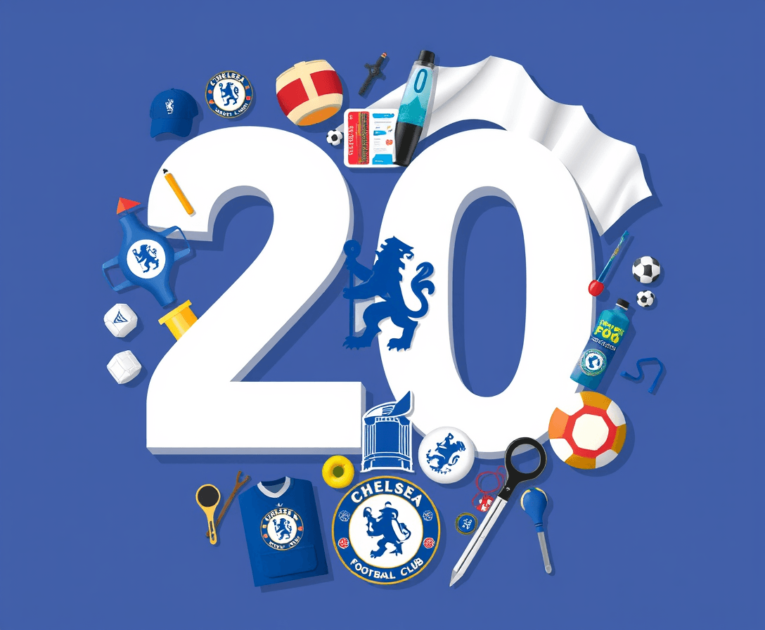 Design a 2D flat illustration of the number "20". The number should be entirely white on the inside and feature prominently in centre of image. Surround the number with Chelsea football club and soccer memorabilia. 
