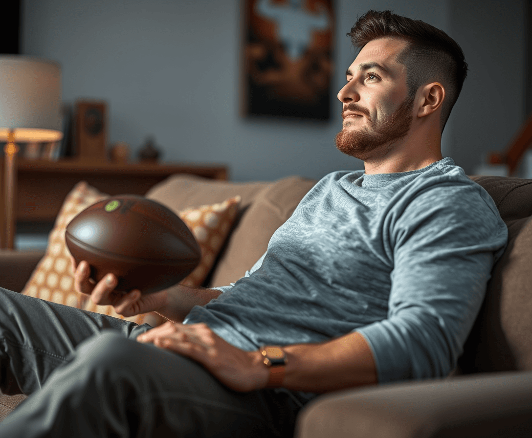 lazy clean cut man sitting on couch watching football
