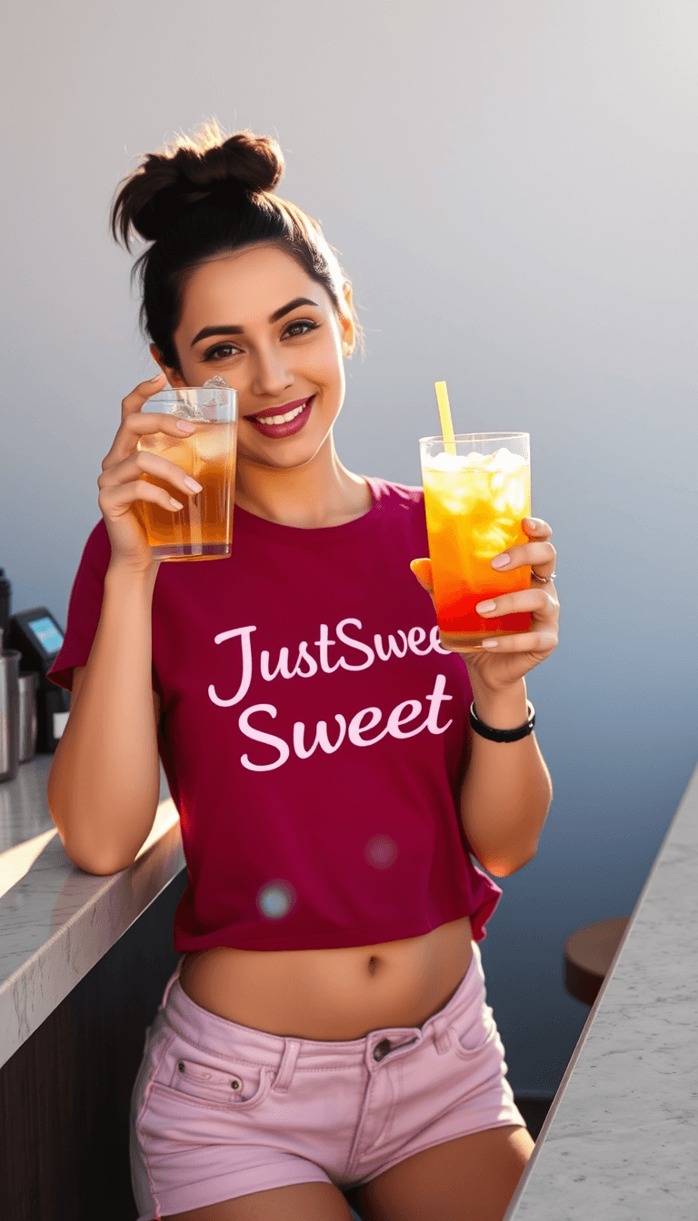 A Jenna Ortega like woman, in a short dark pink top. she has a glass of ice tea with ice cubes on the bar desk she is standing next to. The shirt have the text JustSweet.  light grey background with no details. The sun is shining in.