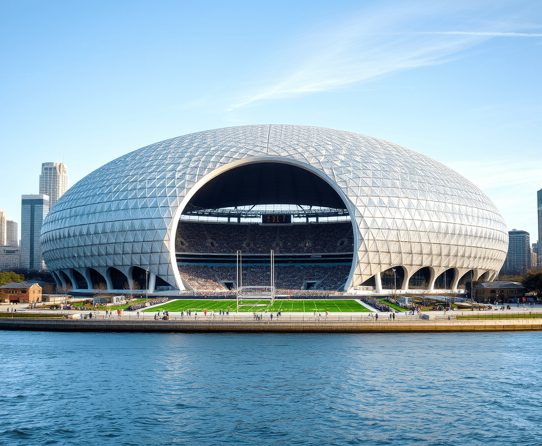 A domed football stadium on Chicago lakefront 