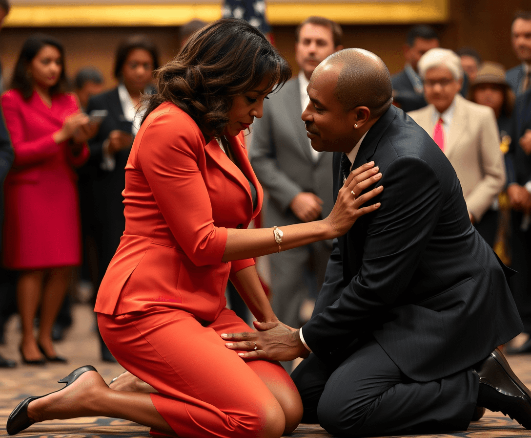 Kamala Harris on her knees in front of Willie Brown in a sexually suggestive position