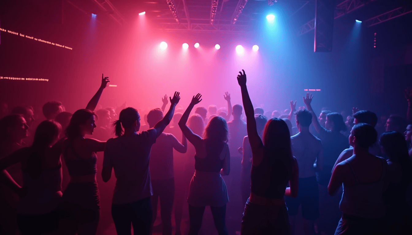 people dancing in a night club, lights, colors, smoke, glow, particles 