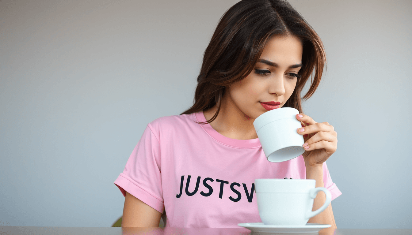 A young brunette, in a pink t-shirt with the print "JUSTSWEET" printed with the font Dosis bold. She is sitting at a table drinking coffee from a white cup. light grey background with no details. The sun is shining in through a window.