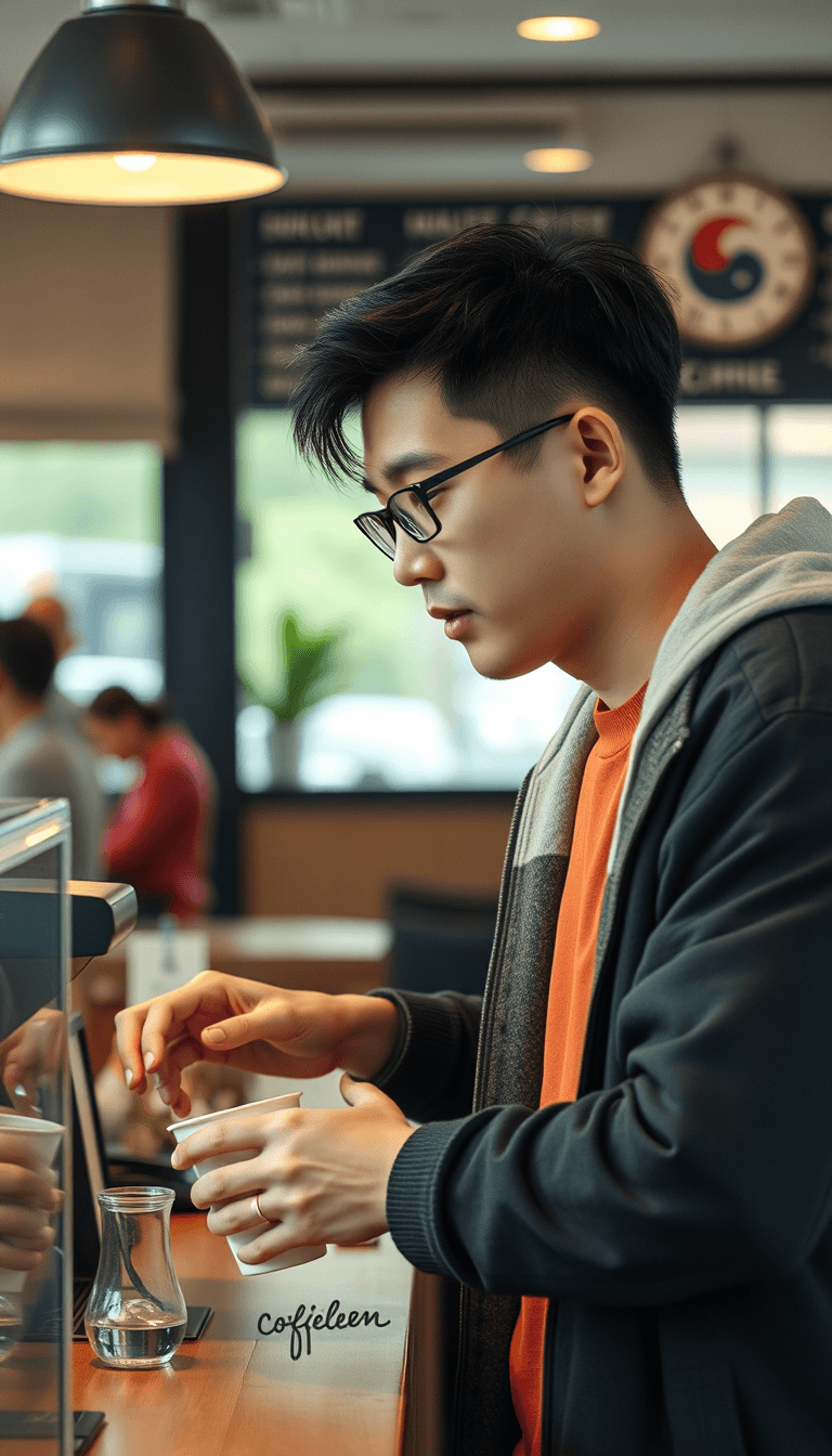 make a  realistic photo of a korean man in a cafe buying a coffee