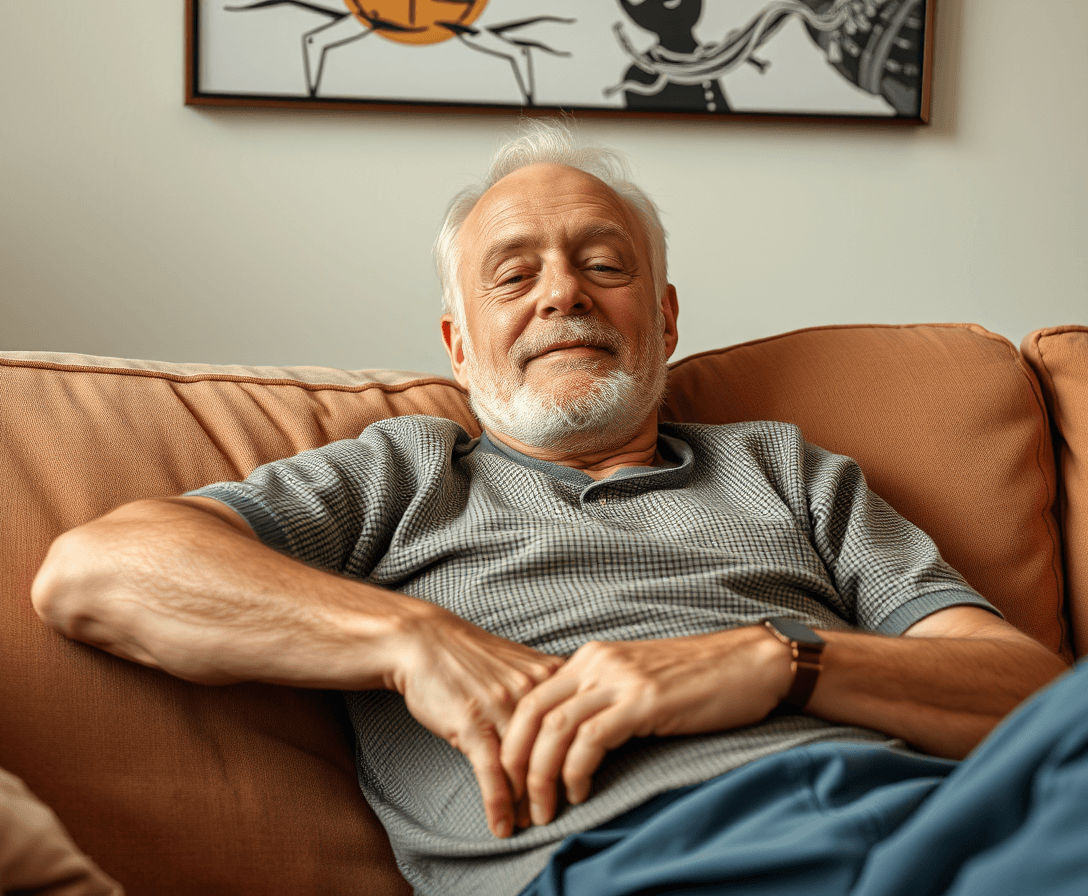 lazy 50 year old man with no facial hair on couch