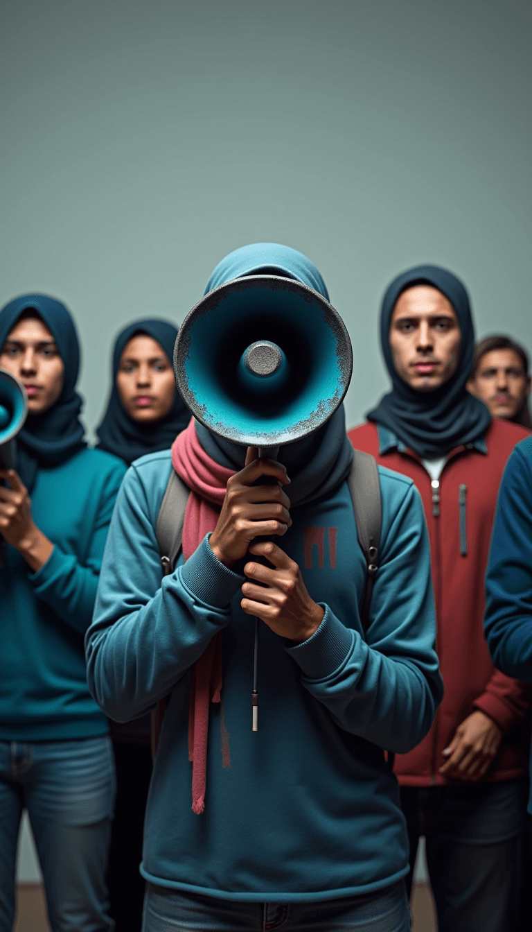 A group of young people, mixed men and women and Muslim, playing a small megaphone. The background is gray and the megaphone is dark gray. The megaphone is in the foreground, there are turquoise, red and navy blue colors on the megaphone and these colors drip into the background, giving the megaphone a painted look.  Cinematic