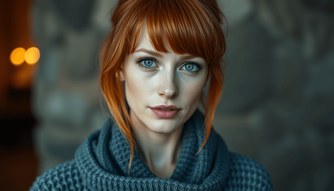 a beautiful woman 30 years old, red hair and green eyes. Photo realistic