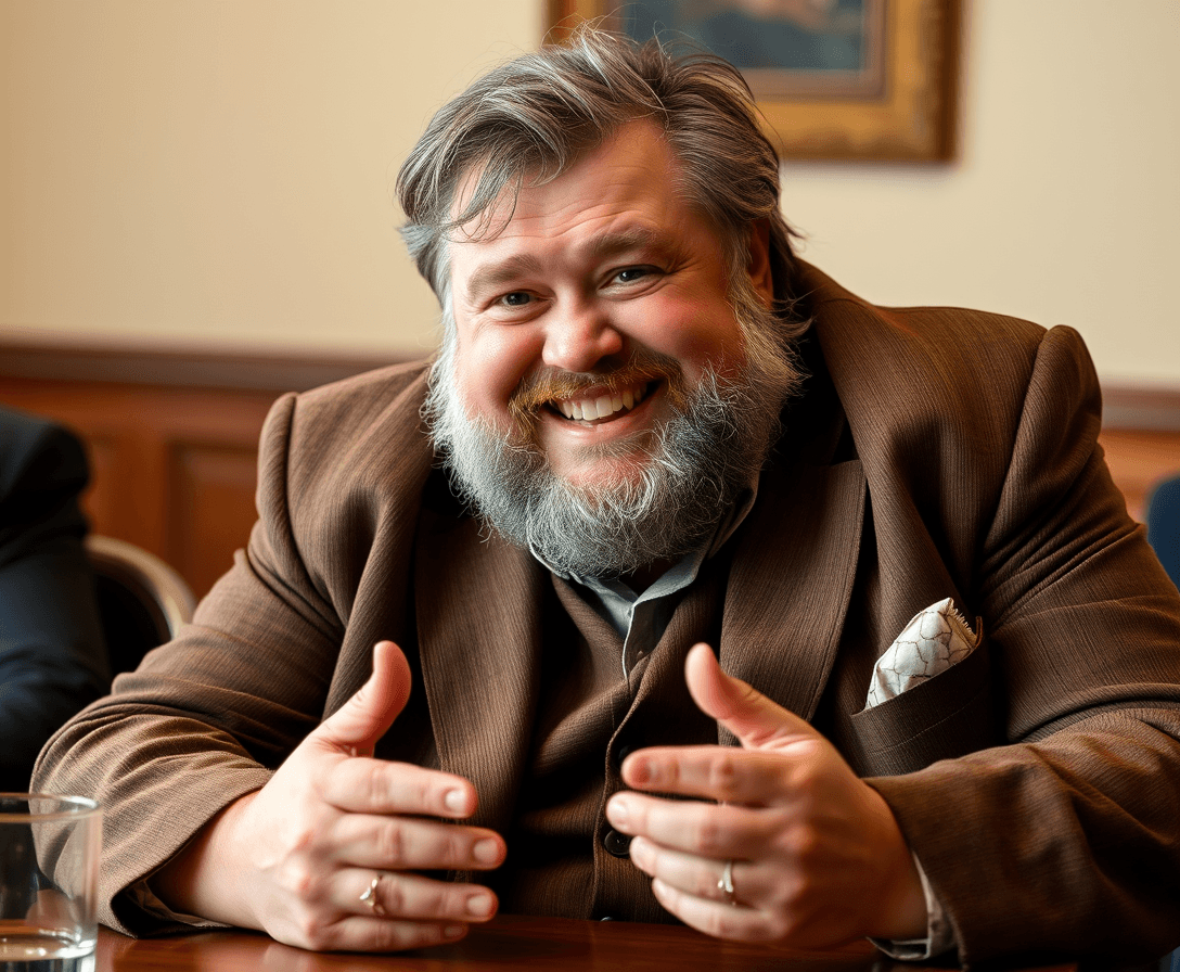 A heavyset man in an out-of-style, rumbled brown three-piece suit.  His hair and beard are grey and unkempt.  There is a sparkle in his eye and a smile on his face as he sits at a table, talking and gesturing with his hands