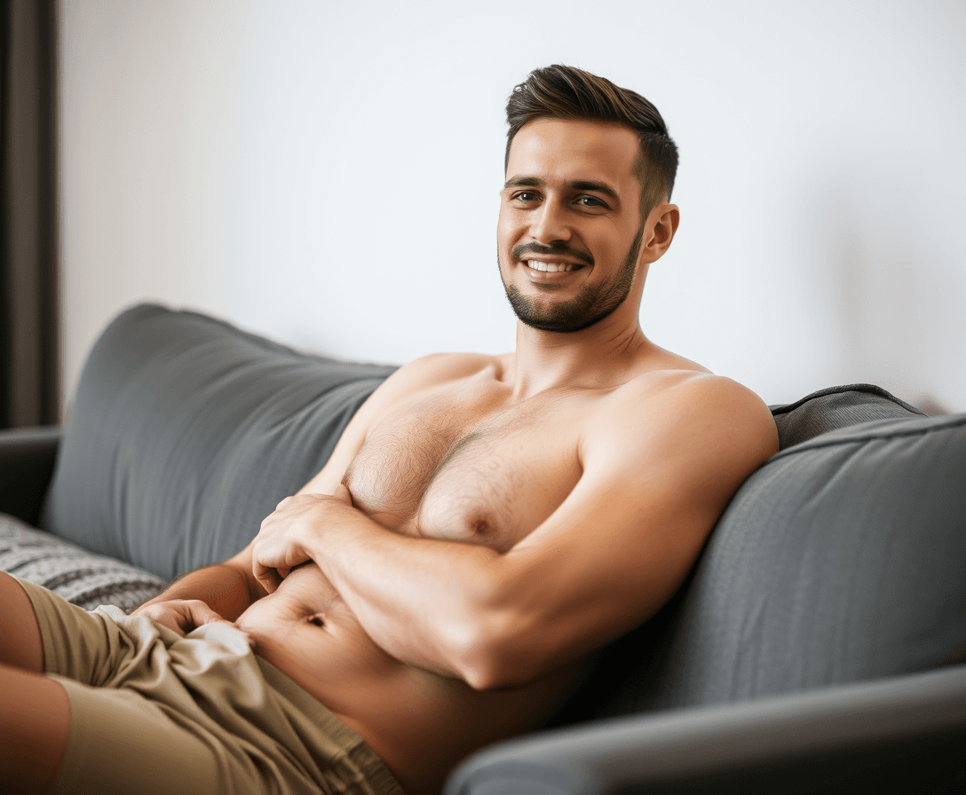 short clean shaven man on couch