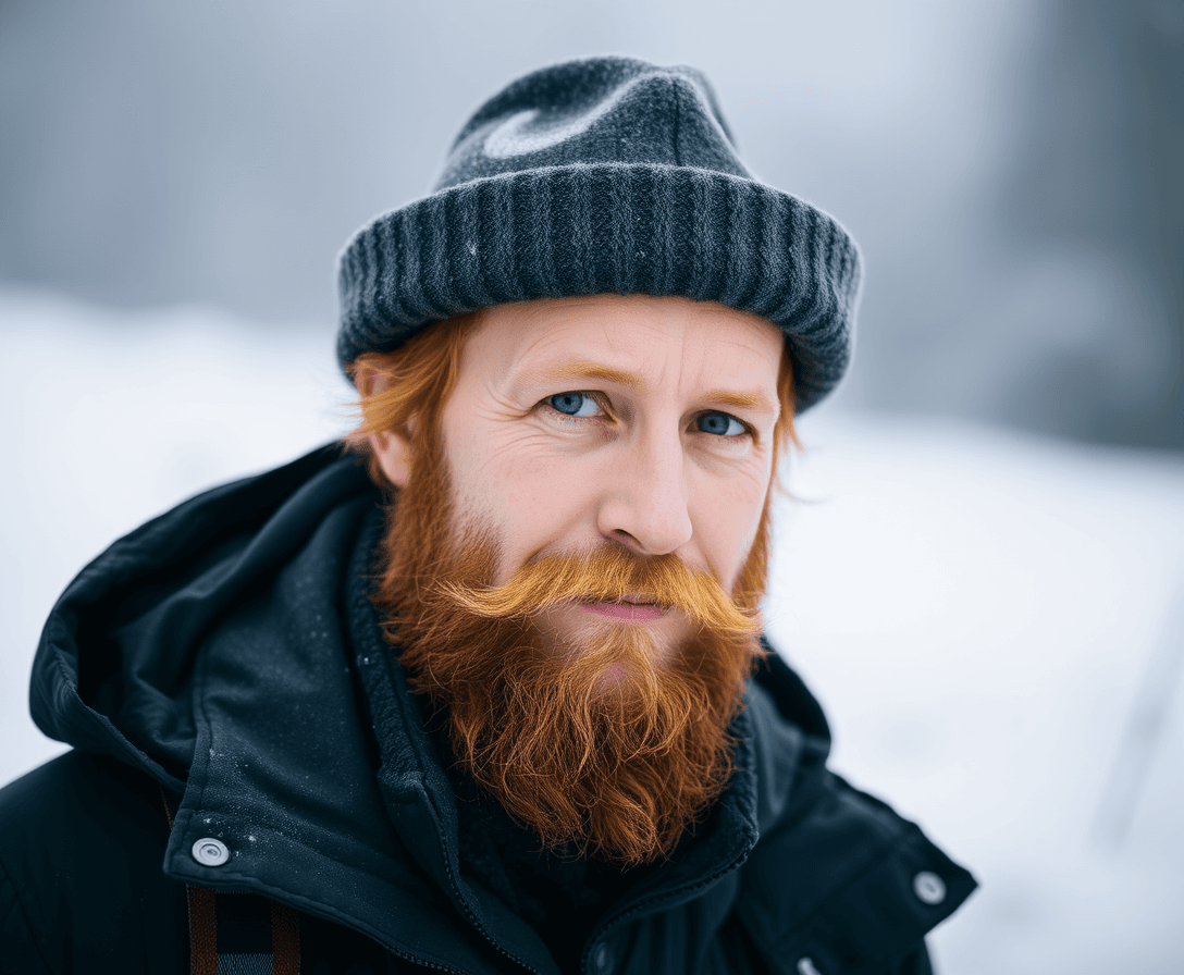 man with red beard and hair wearing a gray hat
