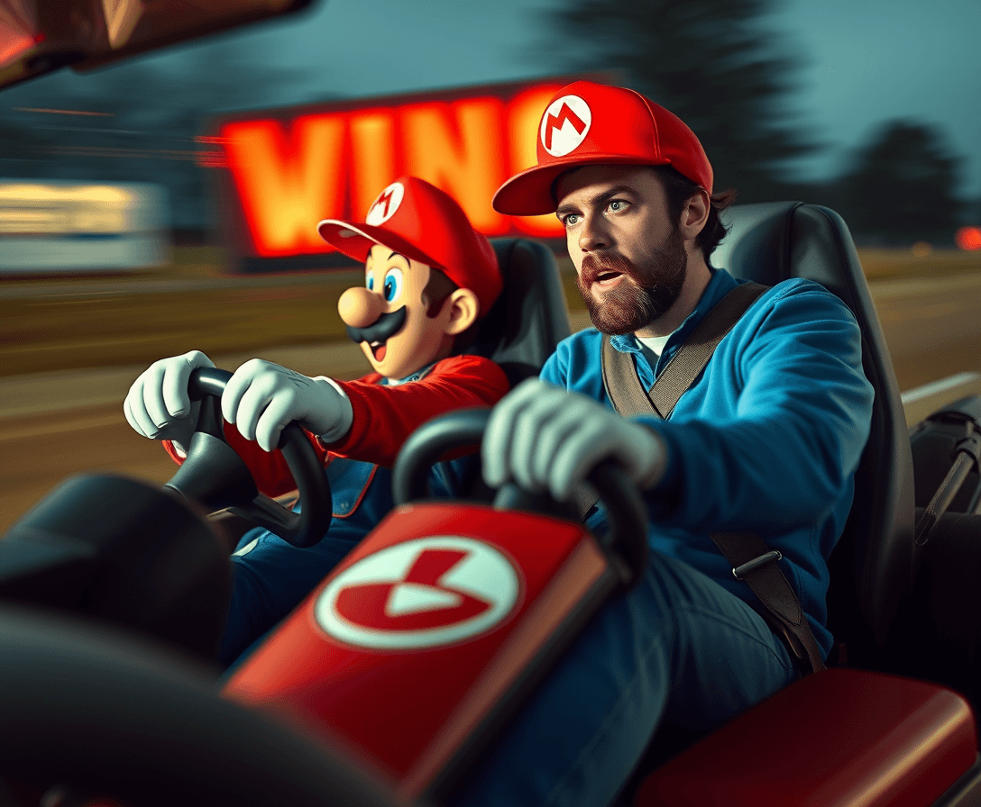 mikel arteta driving in mario kart defeating a very upset walter white