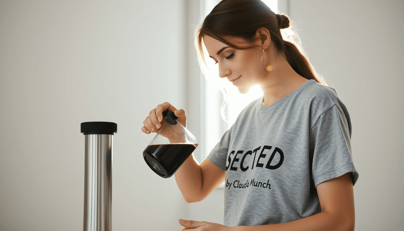 A young brunette, in a light grey t-shirt with the print "SELECTED by Claudia Münch" preparaing a black coffee. light grey background with no details. The woman should be placed in the right side of the image. The sun is shining in through a window.