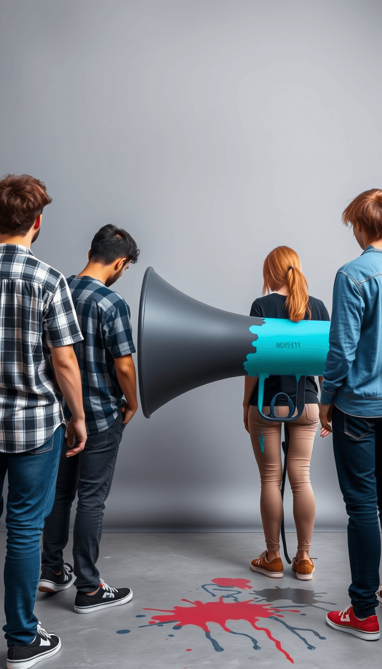 Young people, mixed men and women, with their backs to the screen, paint a megaphone. The background is gray and the megaphone is dark gray. There are turquoise, red and navy blue colors on the megaphone, which drip on the floor, giving it a painted look. 