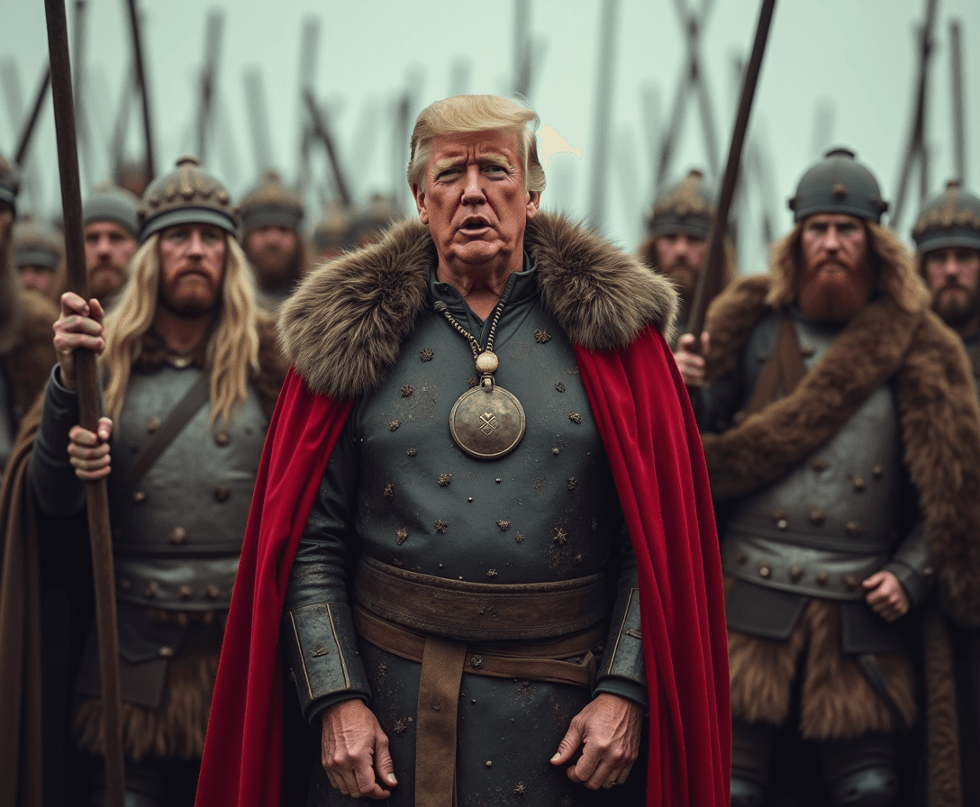 donald trump speaking to a legion of Viking warriors. 
